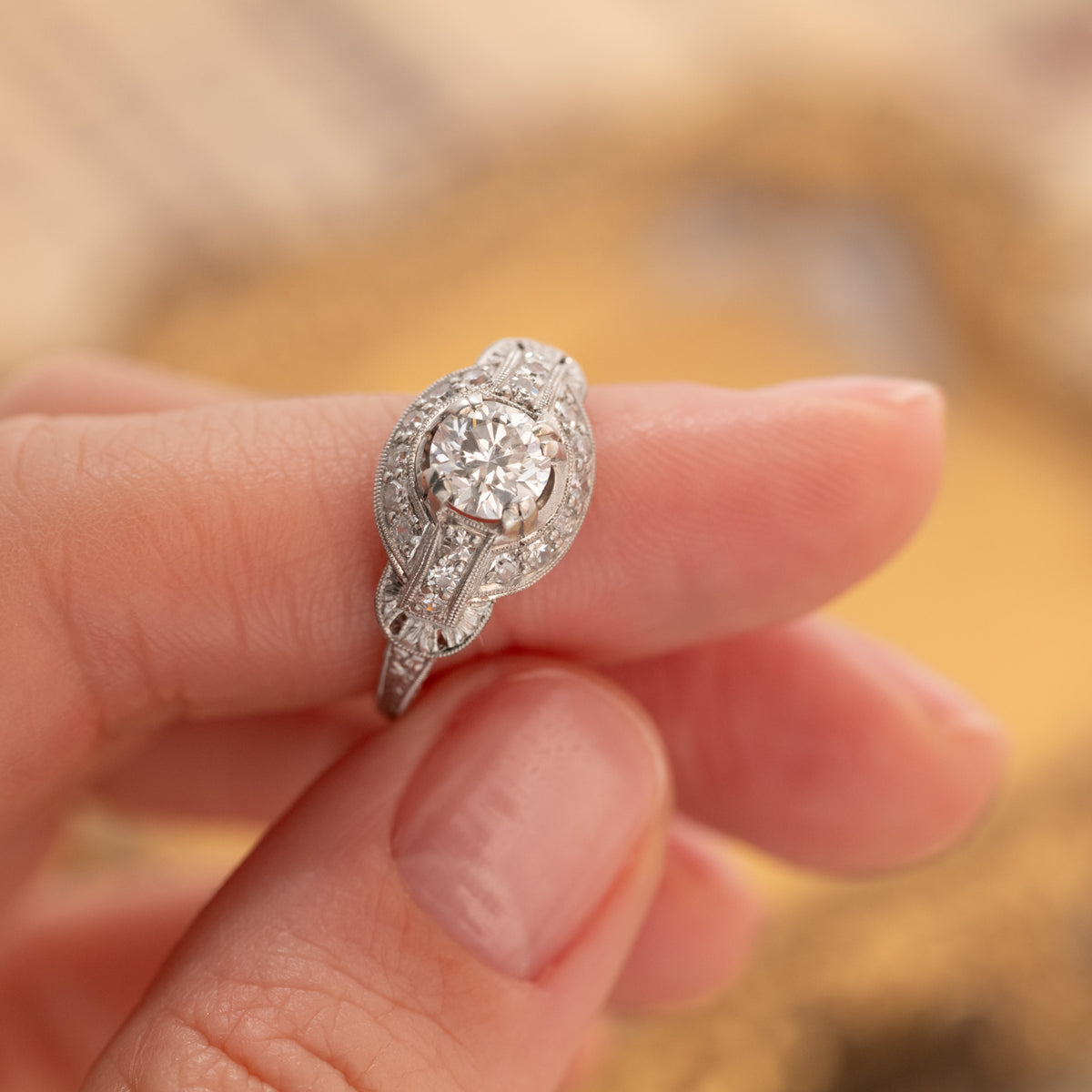 Vintage Transitional Cut Diamond Halo Ring