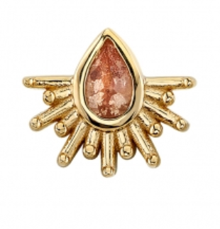 BVLA Borderline 14K gold sunburst-style flatback body jewelry featuring a pear-shaped peach gemstone.