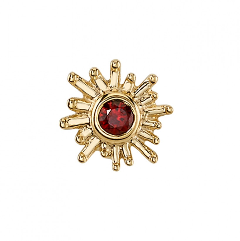 BVLA Sunray: 14K gold sunburst pin with round red gemstone center, ideal for piercing or gemstone flatback jewelry.