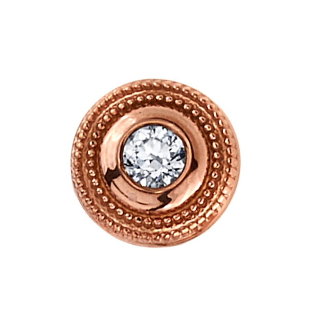 A 5.5mm Millgrain Bezel BVLA stud earring in 14K rose gold with a clear gemstone and a textured millgrain border.