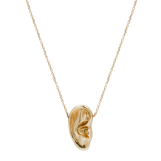 A solid 14k gold ear on a solid gold chain to remind you of the many ways that what is said means what it does
