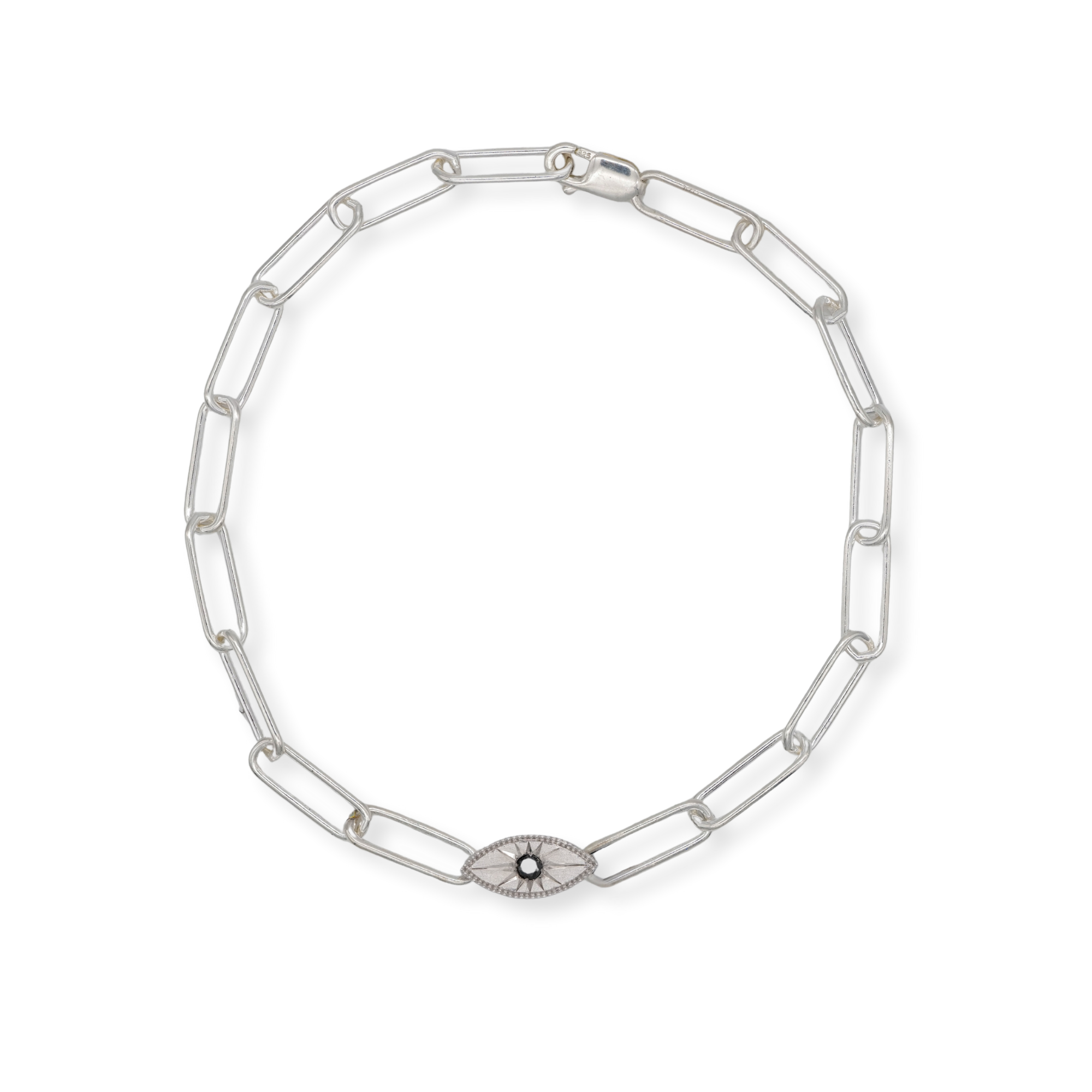 Grande Mati Bracelet (G) by Fiat Lux: minimalist silver chain with elongated links and a black stone Third Eye charm.