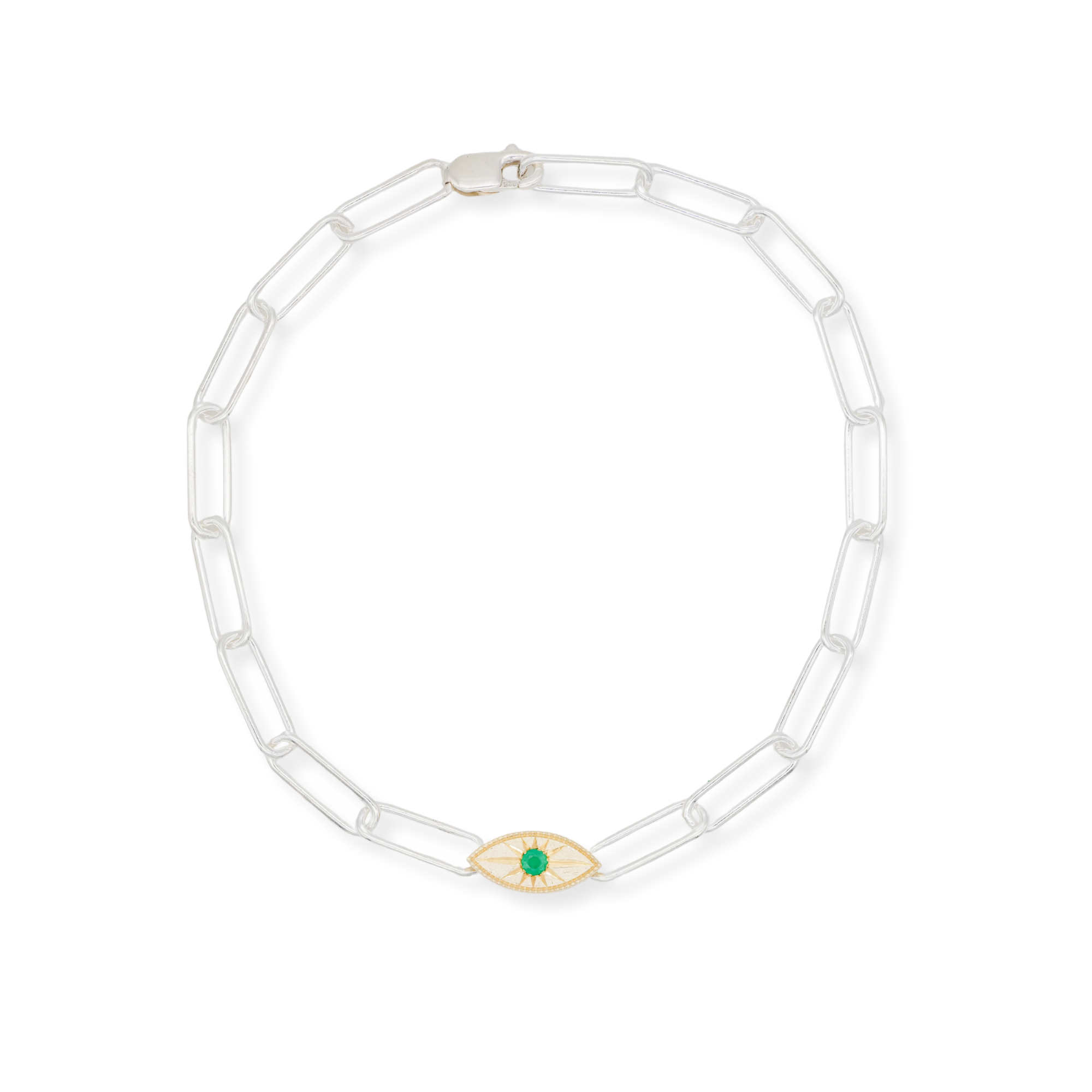 Fiat Lux Grande Mati Bracelet (G): gold bracelet with green center eye charm on a white background.