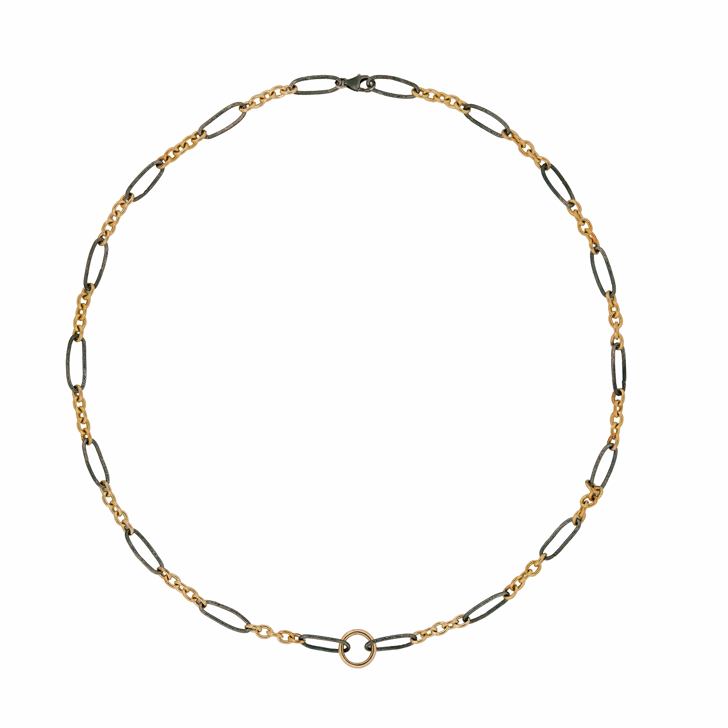 Acanthus Mixed Metal Link Charm Holder Chain in 14k yellow gold & oxidized sterling silver, oval & round links.