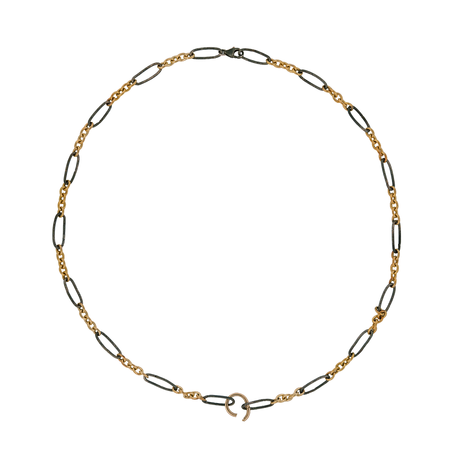 Acanthus Mixed Metal Link Charm Holder Chain in gold and black with varied links and a central circular clasp.