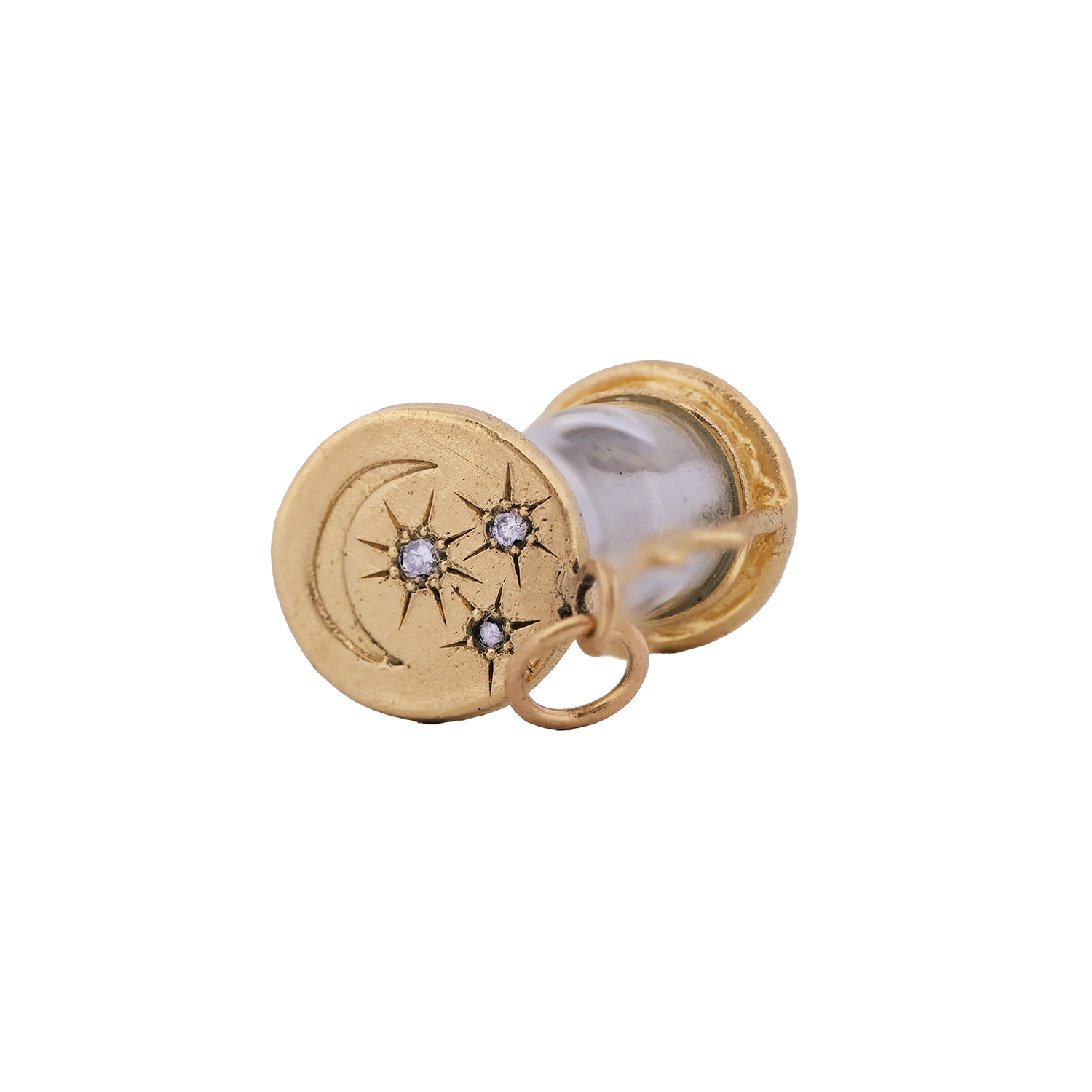 Acanthus Sands of Time Hourglass Charm: small gold vial, round cap, crescent moon & 3 gem stars engraved.