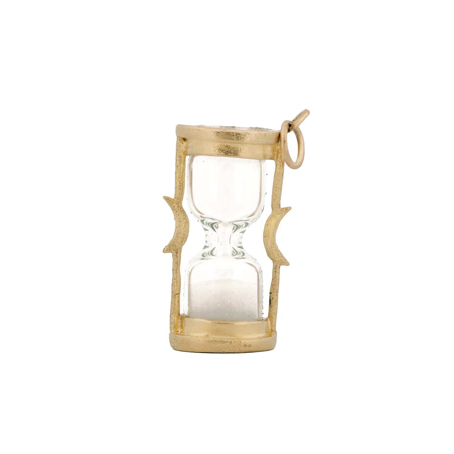 Acanthus Sands of Time Hourglass Charm: 14k gold frame with white sand hourglass, shown on a white background.