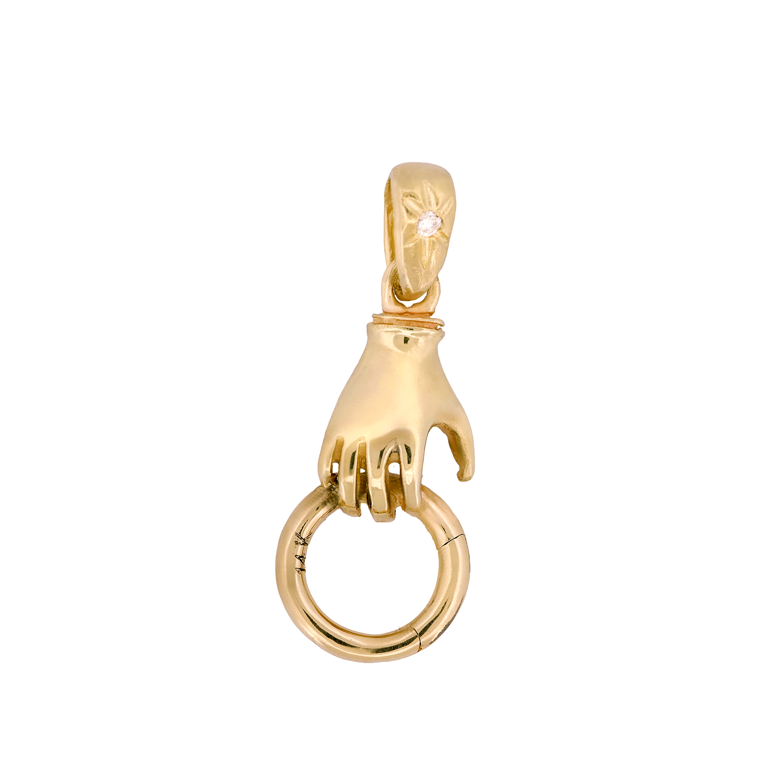 Acanthus Single Hand Charm Holder: 14K gold, diamond-accented bail, ideal for unique jewelry lovers.