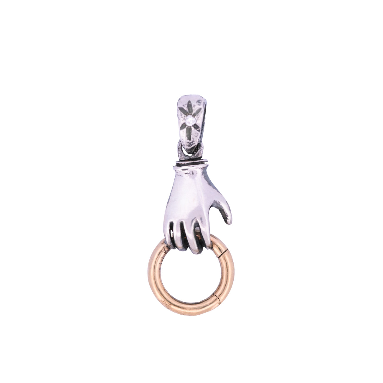 Acanthus Single Hand Charm Holder: silver pendant with a gold ring and floral bail.