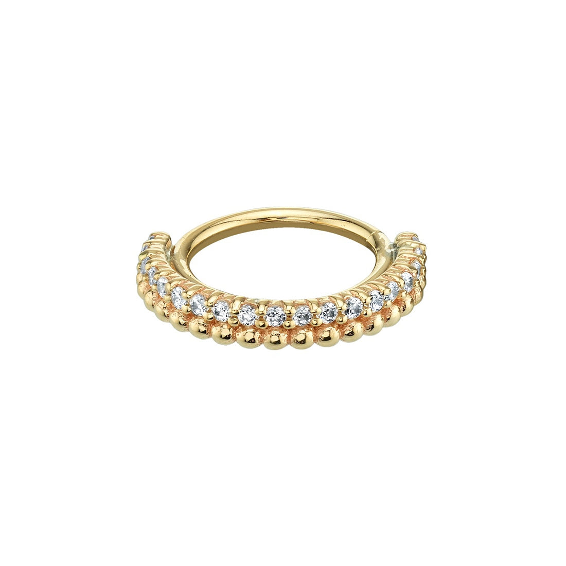 Aria Seam Ring - Navel facing in 14K gold featuring a row of clear gemstones set between two rows of gold beads.