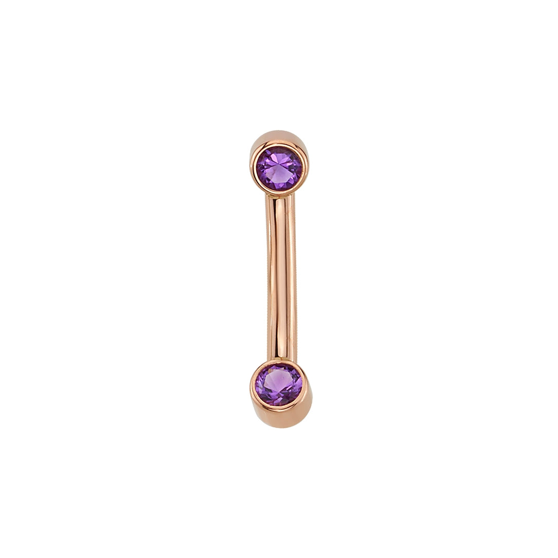 BVLA Double Bezel Barbell in 14K gold with purple gems, great for threadless piercings, shown on white.