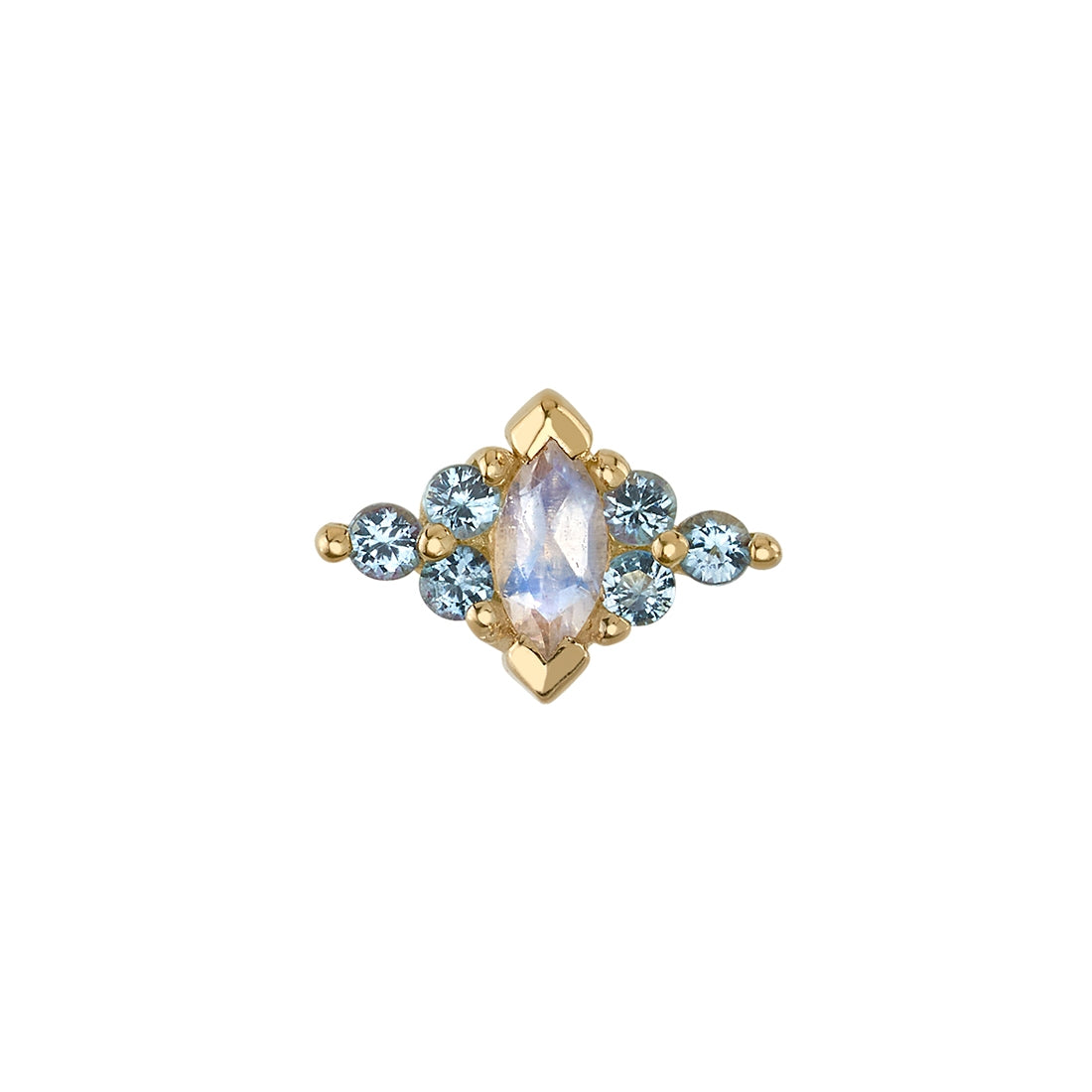 Embrace Marquise labret in yellow gold with a central marquise-cut moonstone flanked by six small blue gems.