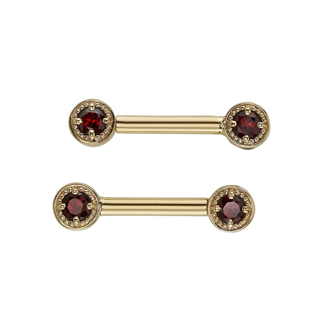 Two BVLA Milgrain Prong Barbells: 14K gold, each with round red gemstones on both ends, decorative settings.
