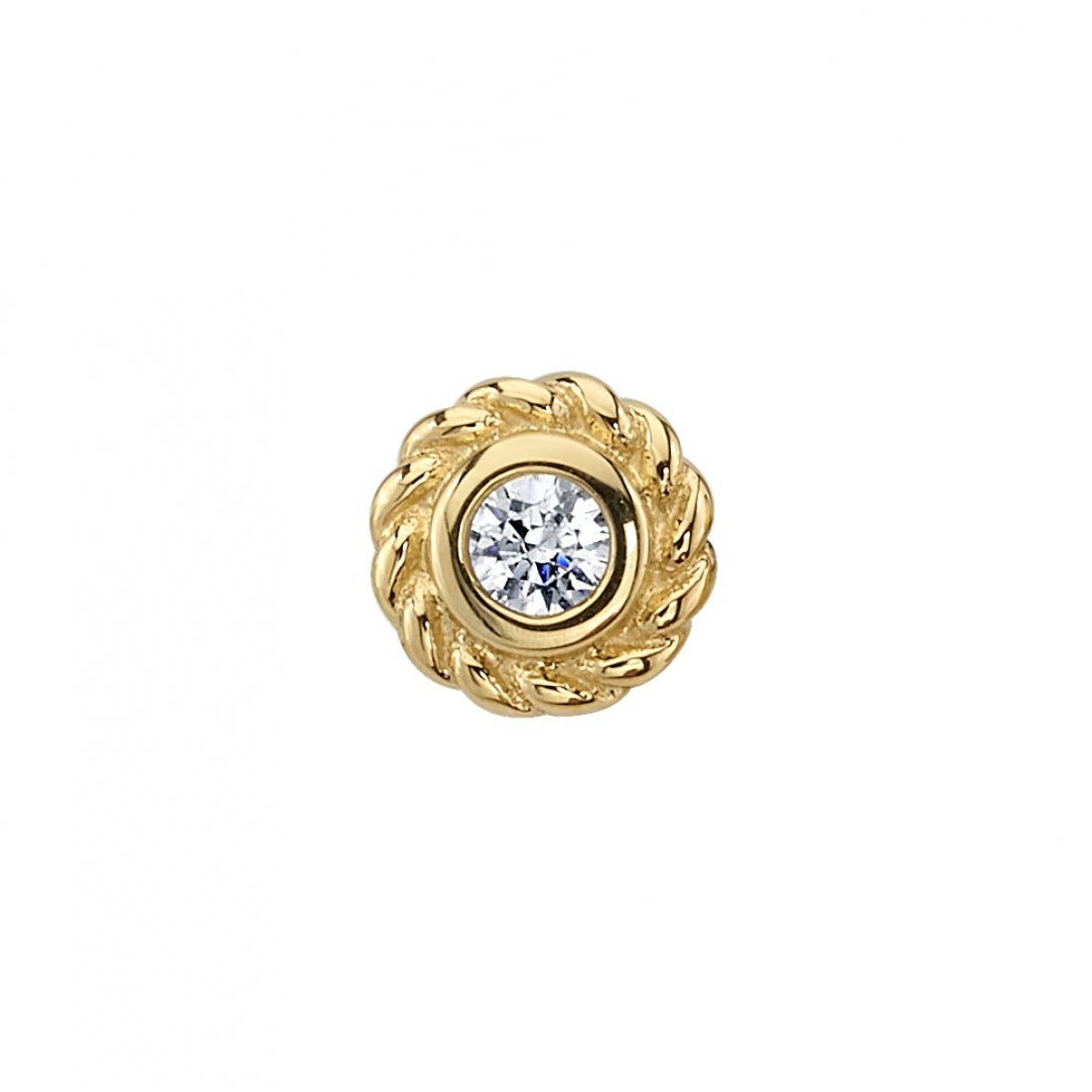 The BVLA Round Raine - 7mm is a small 14K gold stud with a braided edge and a clear round center gemstone.