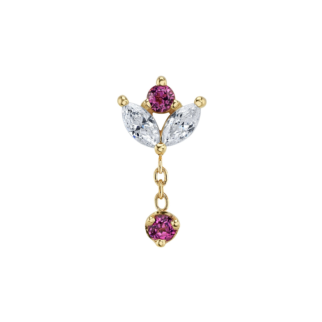 The BVLA Bloom Drop (6mm) gold earring features two marquise clear stones and two round pink stones, one on a short chain.