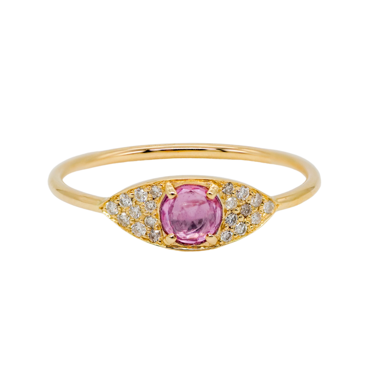 Celine Daoust Full Pave Eye Ring in 14K gold features an oval pink tourmaline and pavé clear stones.