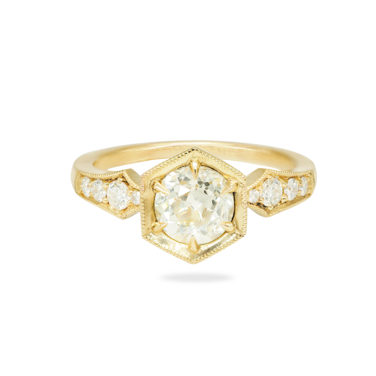 DMD Metal Hex Bezel Ring: 1.22ct antique Old European Cut diamond with side stones in 14K gold.