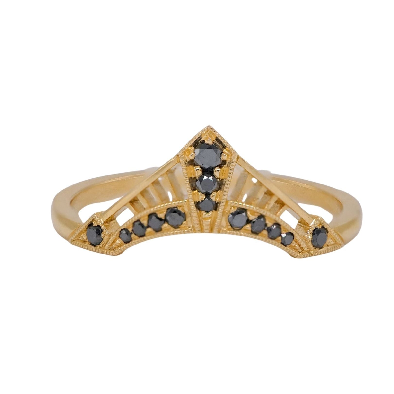 The Zilfa Prime Ring - Low Arch by DMD Metal: 14K gold, geometric black stones, and millgrain triangular details.