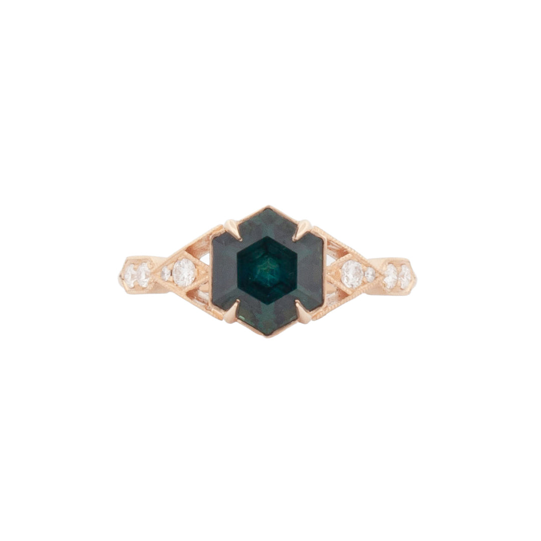 DMD Metal XL Casia Vestra ring features a 2.18ct teal Australian sapphire and diamond accents in 14K gold.