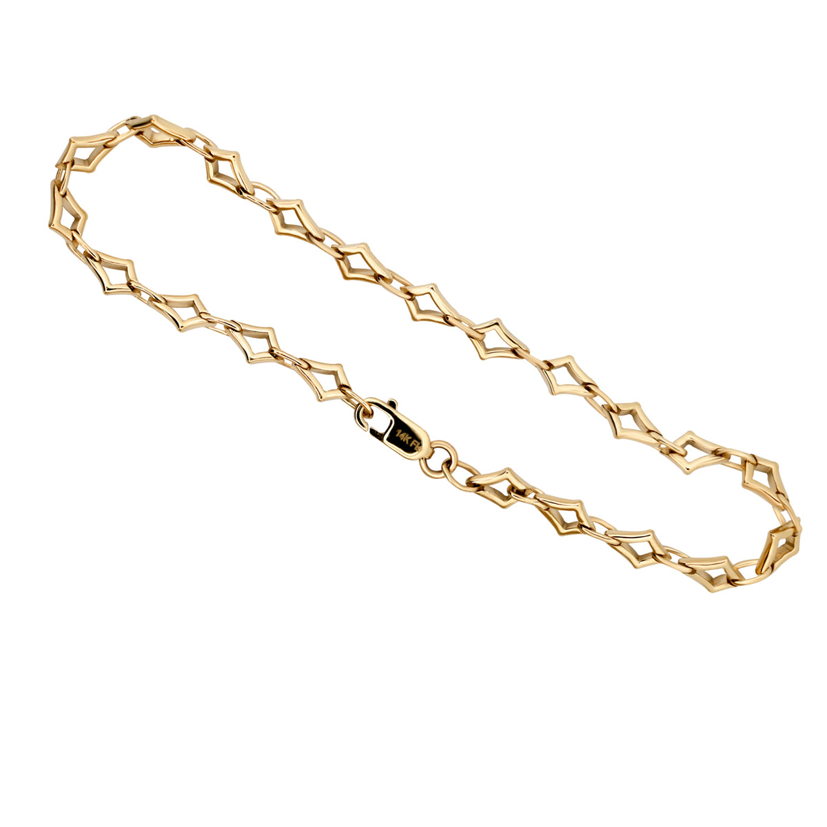 A gold chain necklace with a geometric, openwork link design and a lobster clasp, displayed on a clean white background.