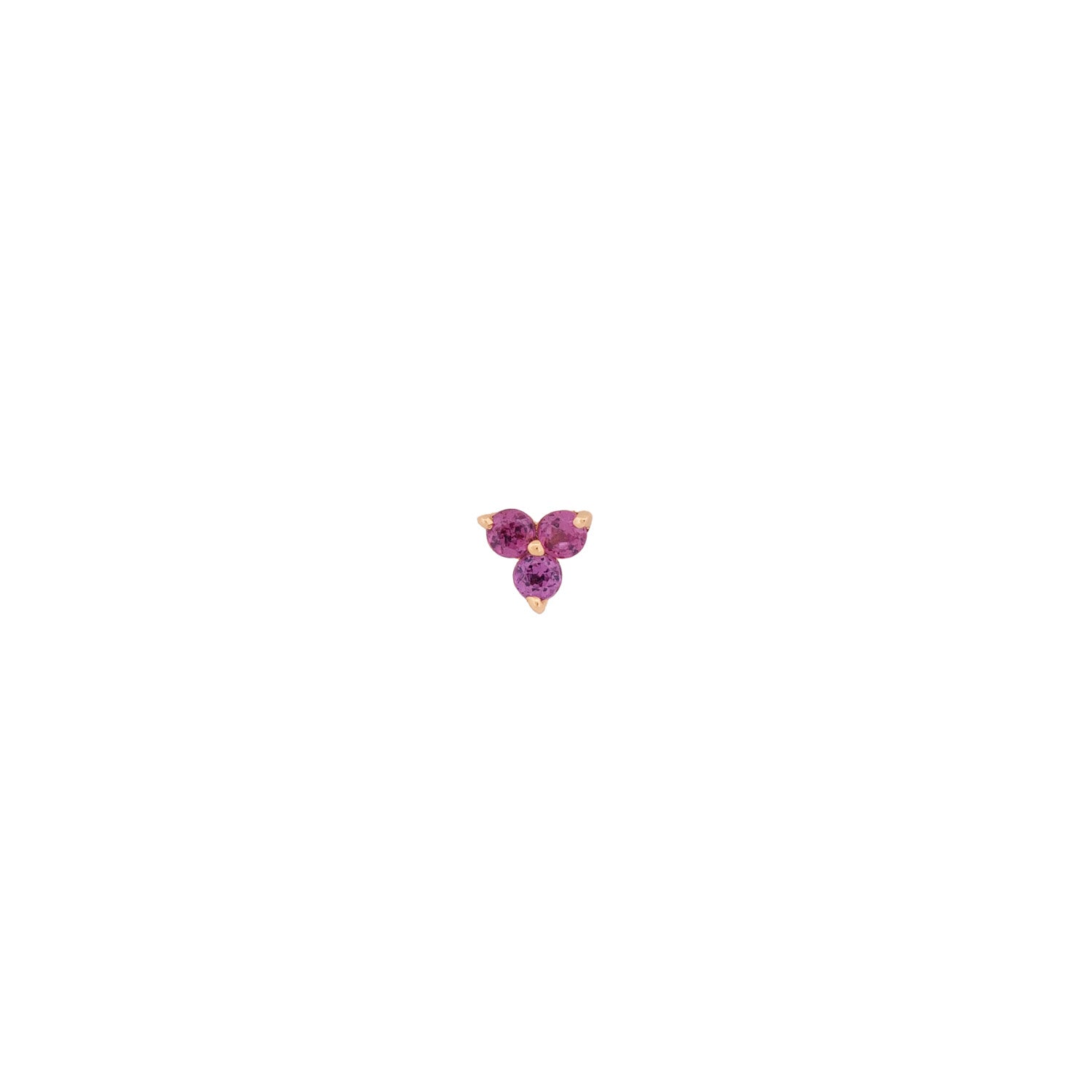 Fiat Lux 3 Gem Cluster earring: small 14K gold stud with three pink stones set in a triangle.