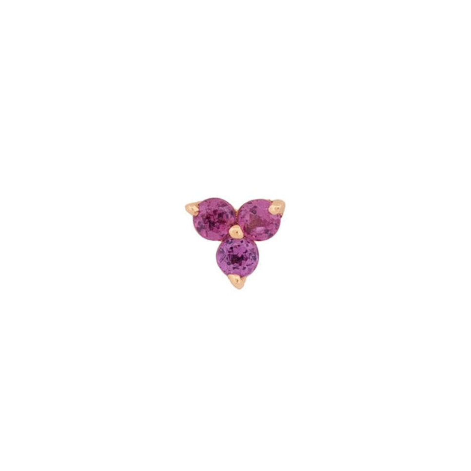 Fiat Lux 3 Gem Cluster earring: small 14K gold stud with three pink stones set in a triangle.