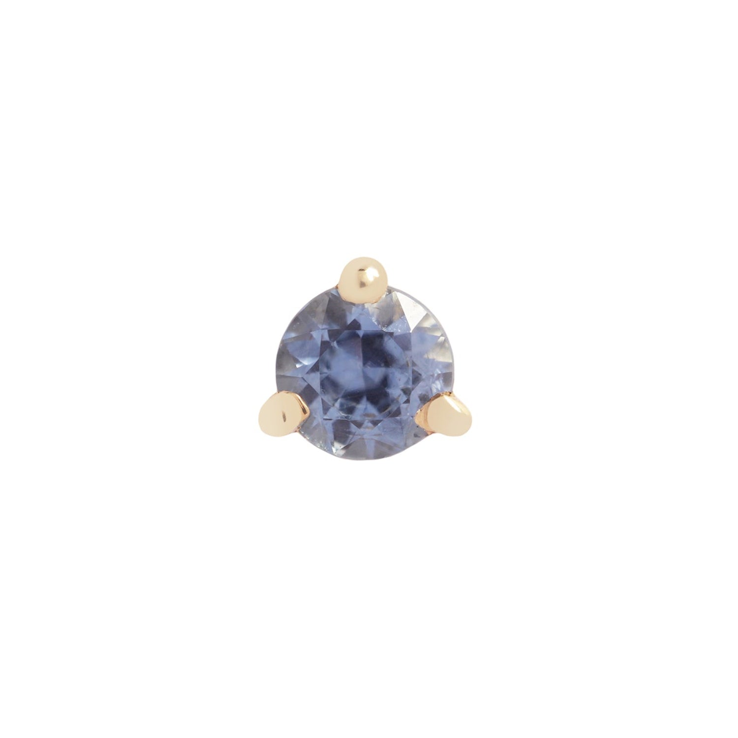 Fiat Lux 3 Prong Round 2.5mm colored gem stud earring, classic 14K gold piercing jewelry with blue stone.