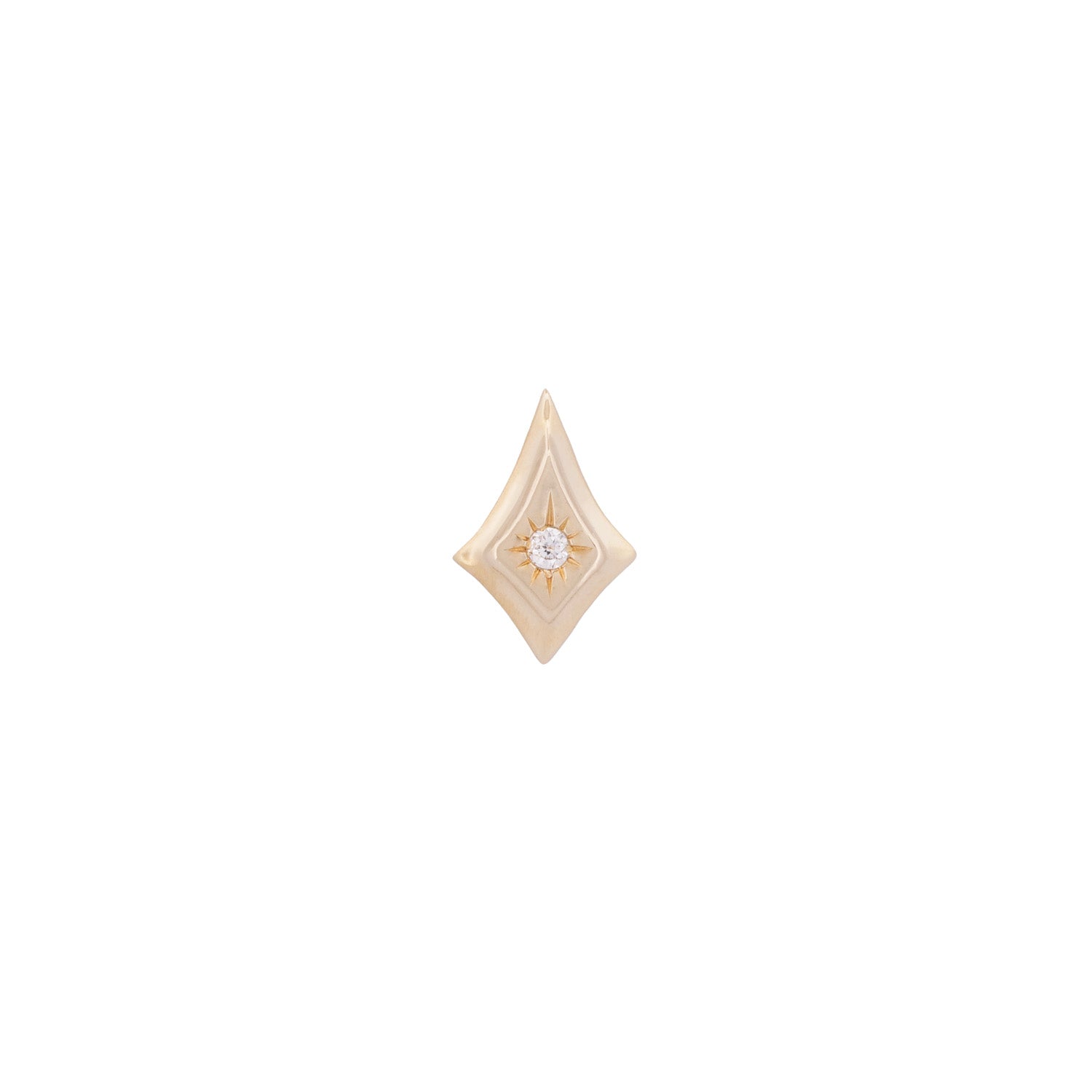 Fiat Lux Classic Radiant North Star Stud: gold rhombus 14K stud with a central gemstone on a white background.
