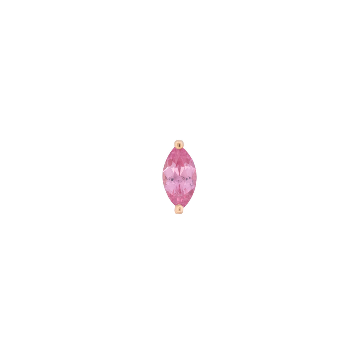 A pink marquise-cut gemstone held by two 14K gold prongs on a Classic Marquise Prong - Colored Stone flatback labret.