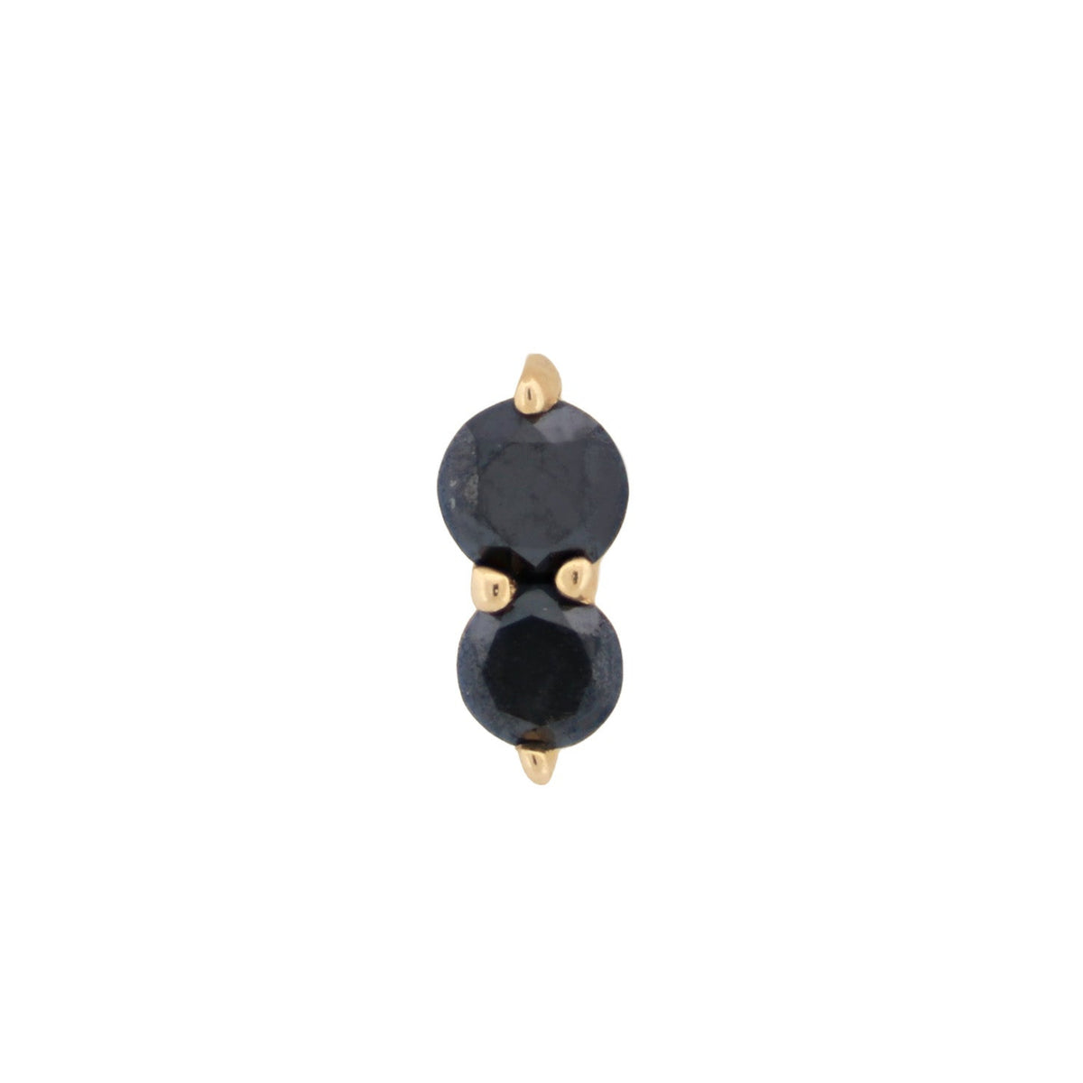 Fiat Lux Graduated Gem Duo: small 14K gold earrings with two stacked round black gems, shown on white background.