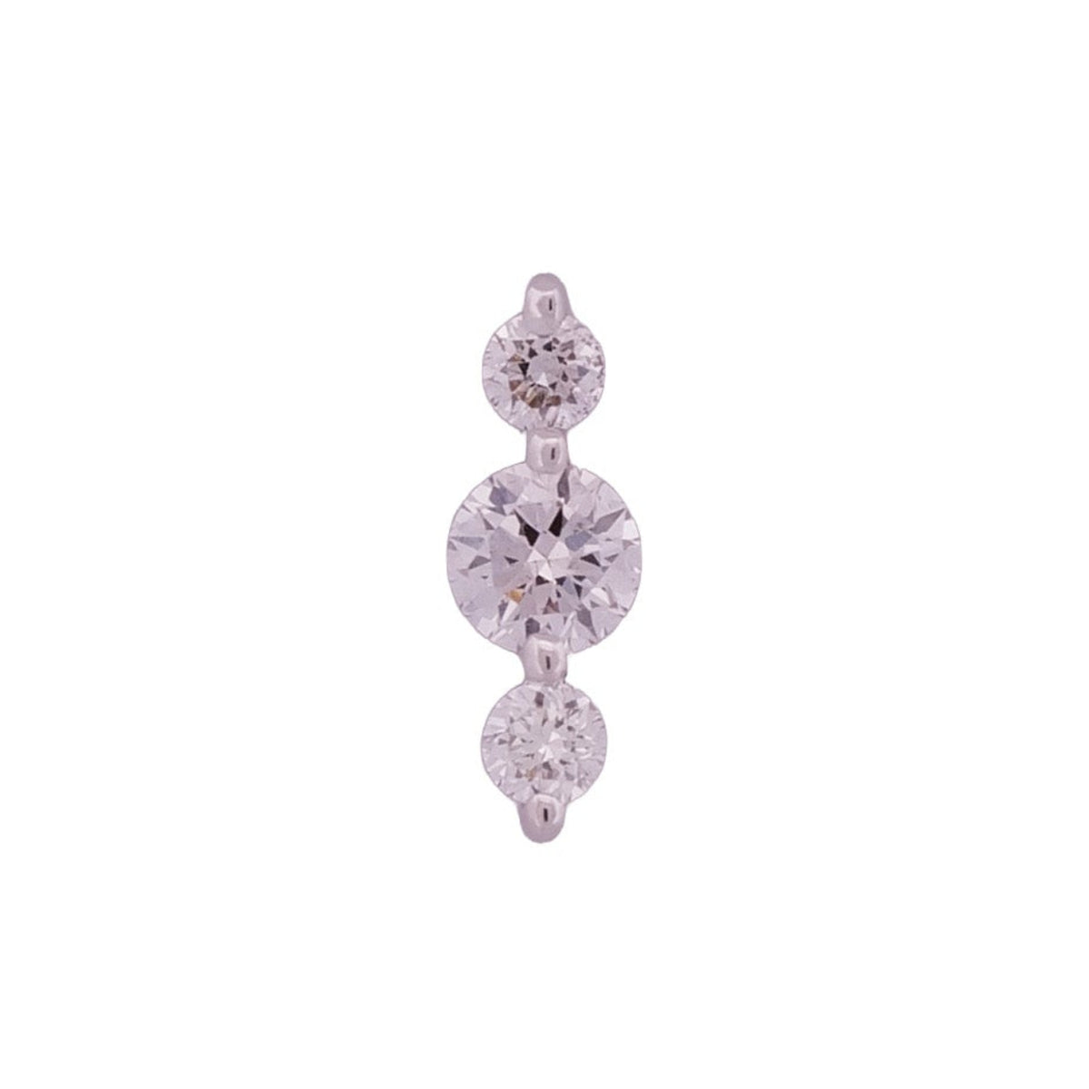 Three white diamonds align vertically on the minimal Orion Linear flatback by Fiat Lux, set in 14K gold.