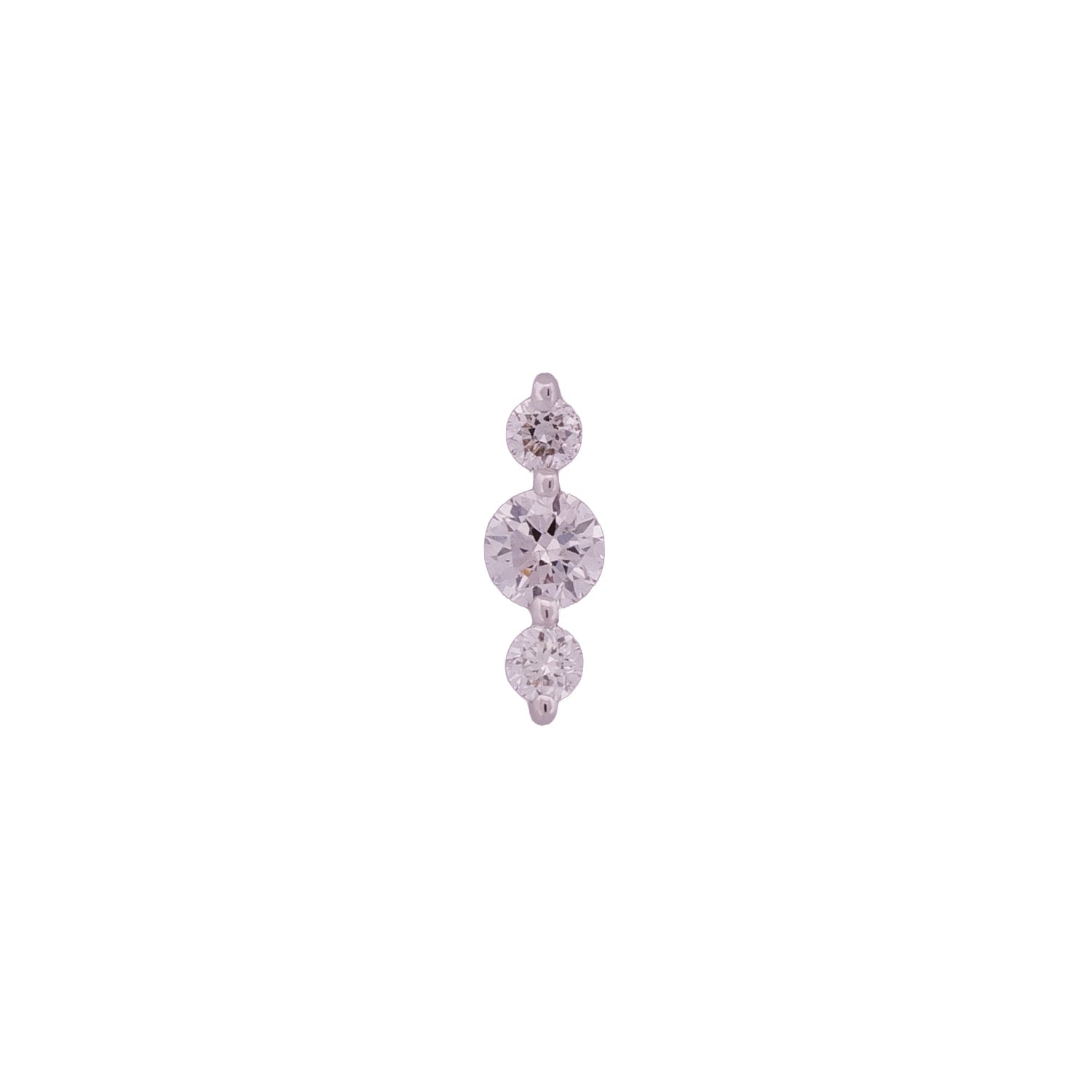 Three white diamonds align vertically on the minimal Orion Linear flatback by Fiat Lux, set in 14K gold.
