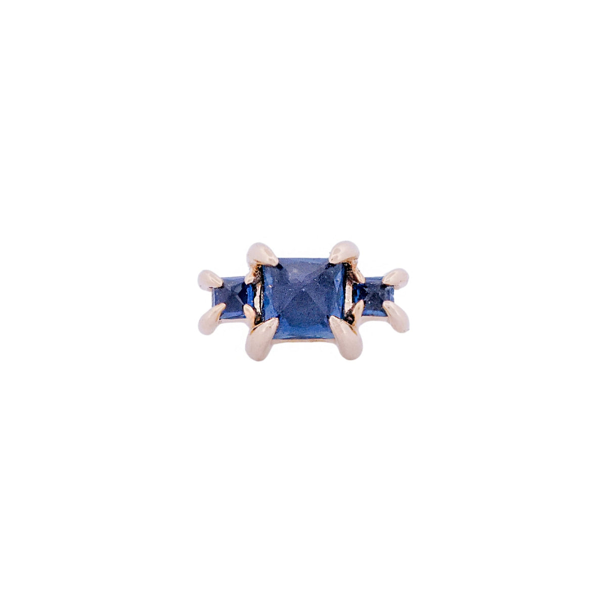 The Classic Temple Stud by Fiat Lux features a rectangular inverted princess cut gem in a 14K gold prong setting.