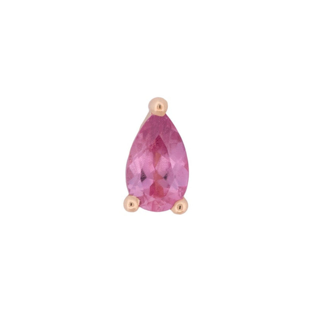 Fiat Lux 3 Prong Pear Grande Padparadscha Sapphire flatback in gold, shown on a white background. Limited Edition.
