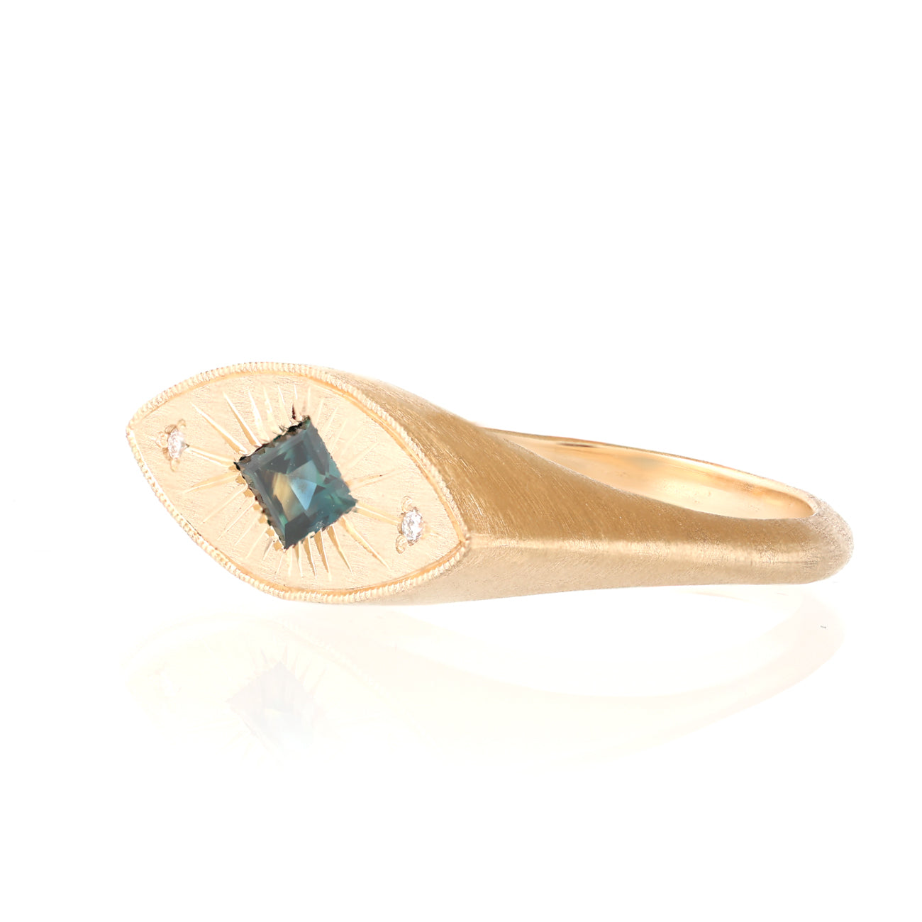 Fiat Lux Brilliant Third Eye Ring: 14k gold, teal lozenge sapphire (0.516ct), textured band, three clear accents.