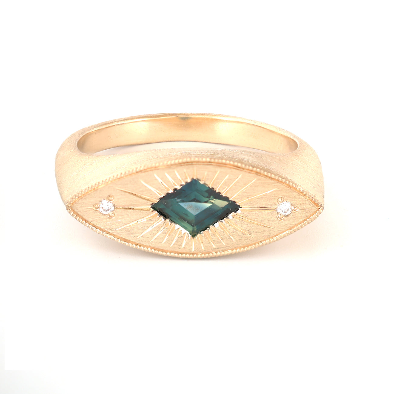 Fiat Lux Brilliant Third Eye: 14k gold ring with teal lozenge sapphire (0.516ct) and two diamonds.