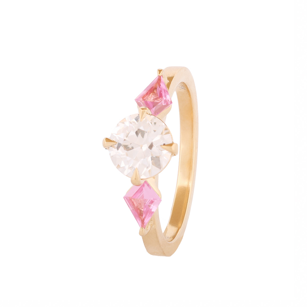 Fiat Lux Kite Calliope: 18K gold ring with 1.06ct Old European diamond and pink sapphire side stones.