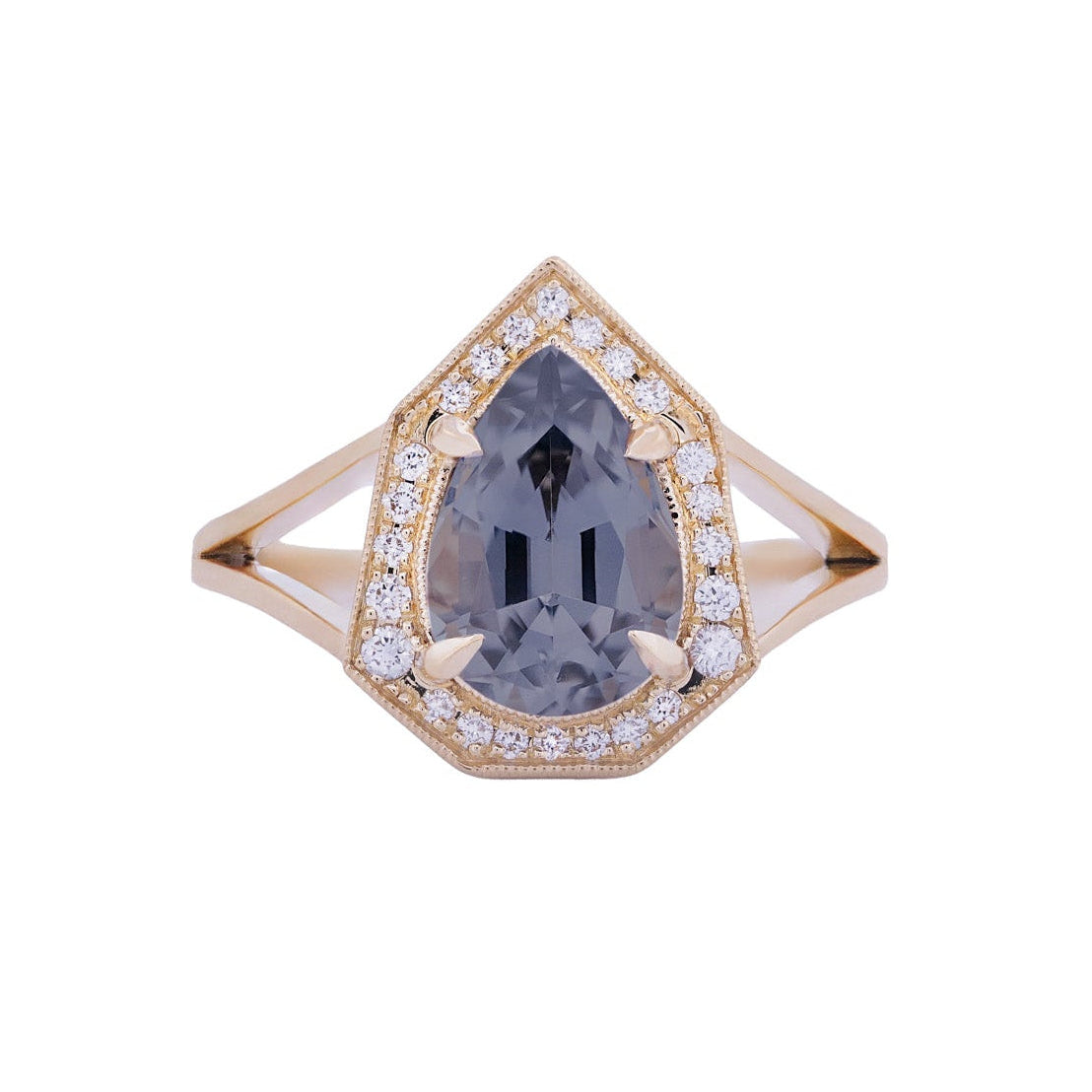 Fiat Lux Baby Grande Phoebe: 18K gold ring with 2.49ct pear purple grey spinel and diamond halo on split band.