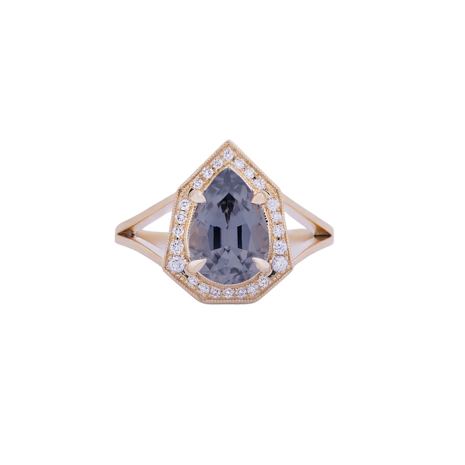 Fiat Lux Baby Grande Phoebe: 18K gold ring with 2.49ct pear purple grey spinel and diamond halo on split band.