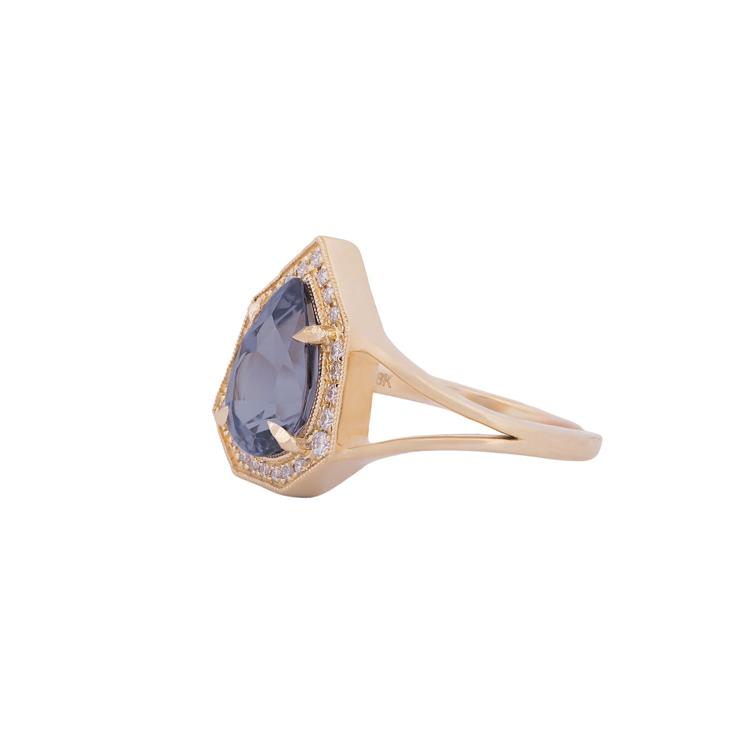 Fiat Lux Baby Grande Phoebe ring: 18K gold, purple grey spinel (2.49ct), diamond halo on white background.