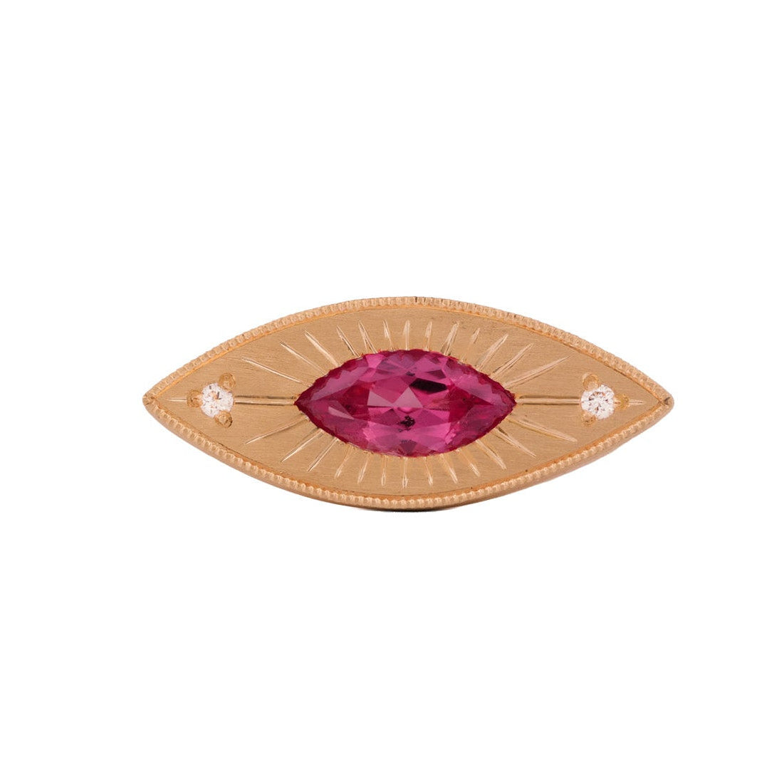 Fiat Lux Brilliant Third Eye brooch in 14K gold with a 0.63ct Summer Coral sapphire and two diamonds on each side.
