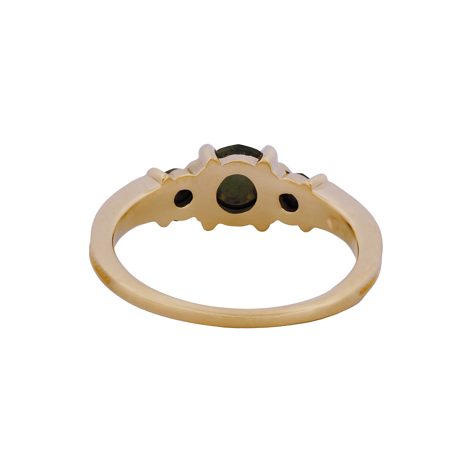 Fiat Lux Classic 3 Stone Temple Ring – Black Diamond, 18K gold, back view on white background.