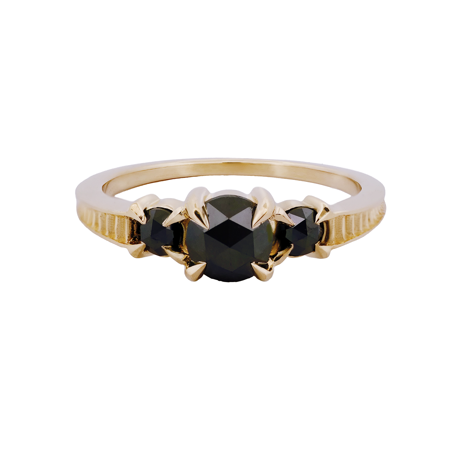 Fiat Lux Classic 3 Stone Temple Ring with black diamonds, shown front-facing on a white background.