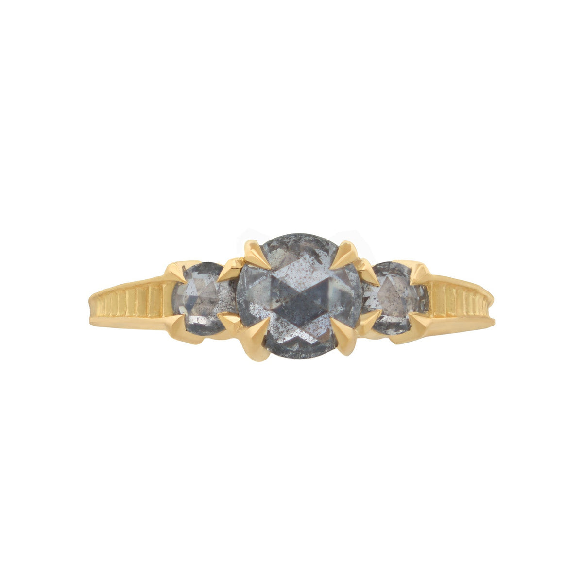 Fiat Lux Classic 3 Stone Temple Ring in 18K gold with 0.86ct salt & pepper diamonds and engraved band details.