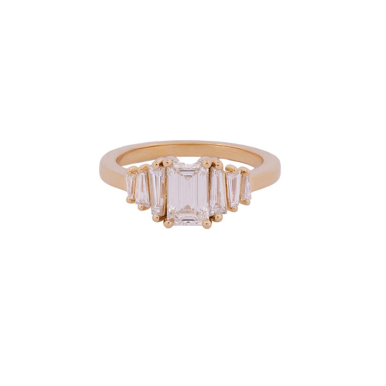 Fiat Lux Classic Calypso ring: 1.02ct emerald cut diamond, tapered baguette accents, sleek gold band.