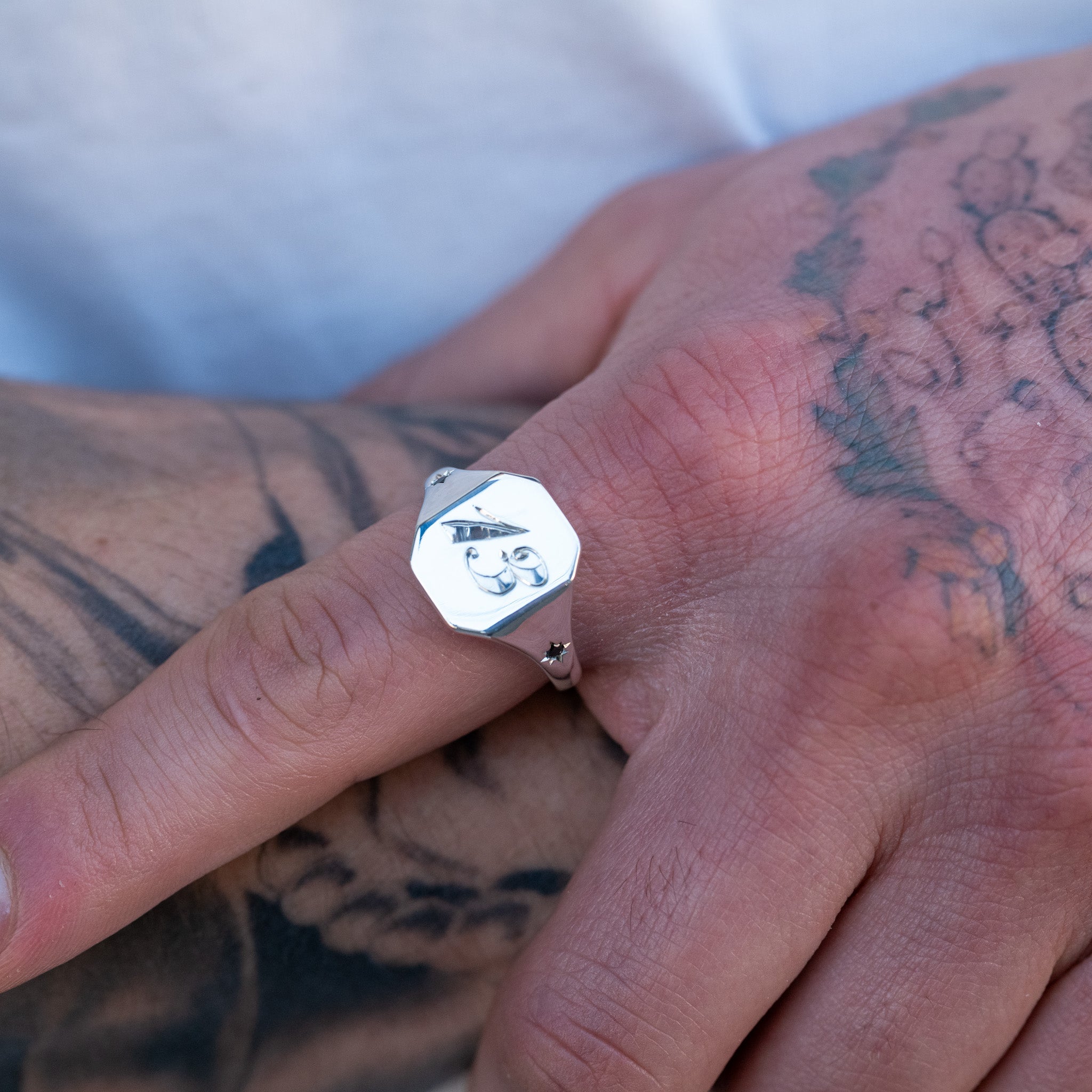 Classic Hexagon Signet Ring - Star Set (S)