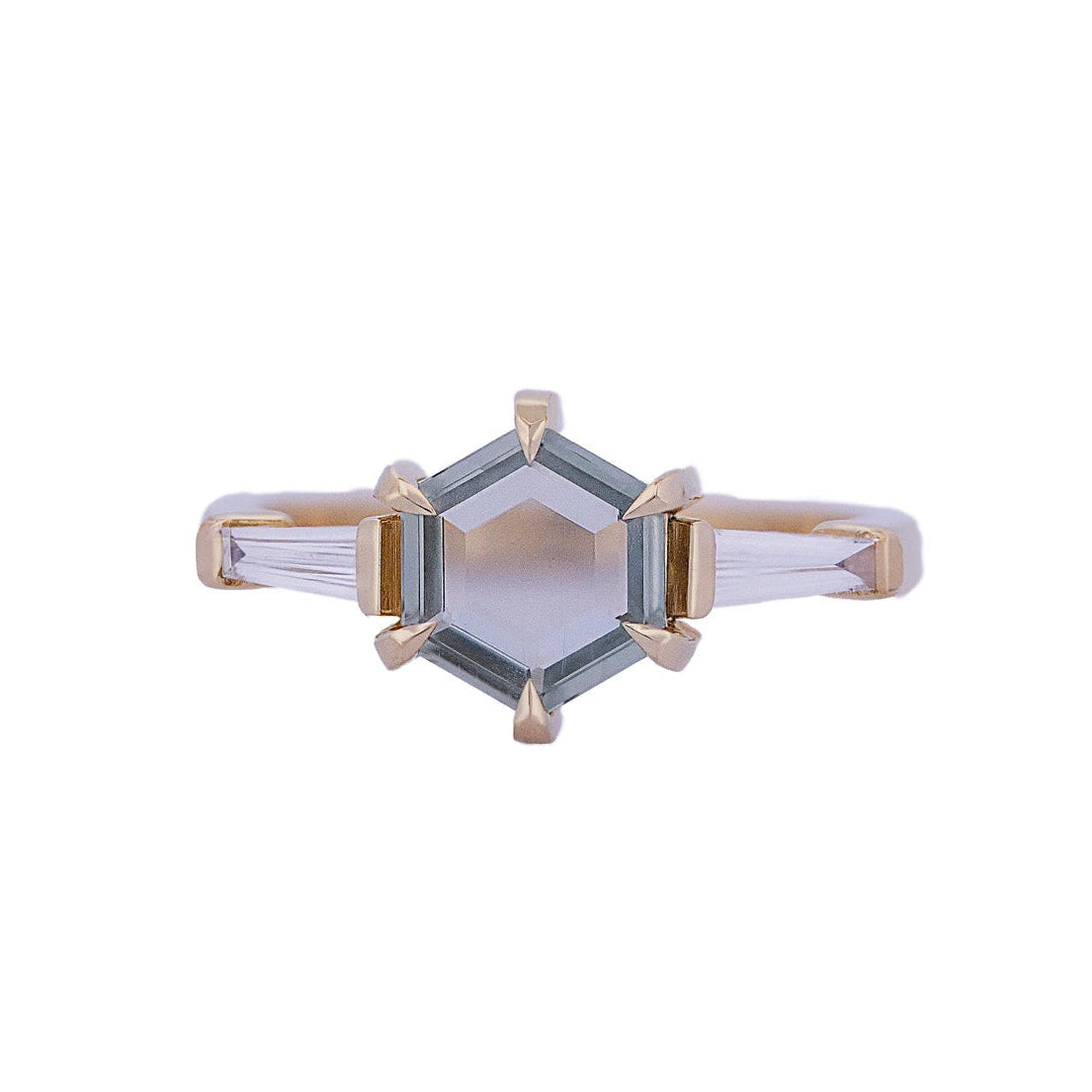 Fiat Lux Grande Calliope ring with a 1.50ct seafoam green hexagon sapphire and tapered baguette diamonds.
