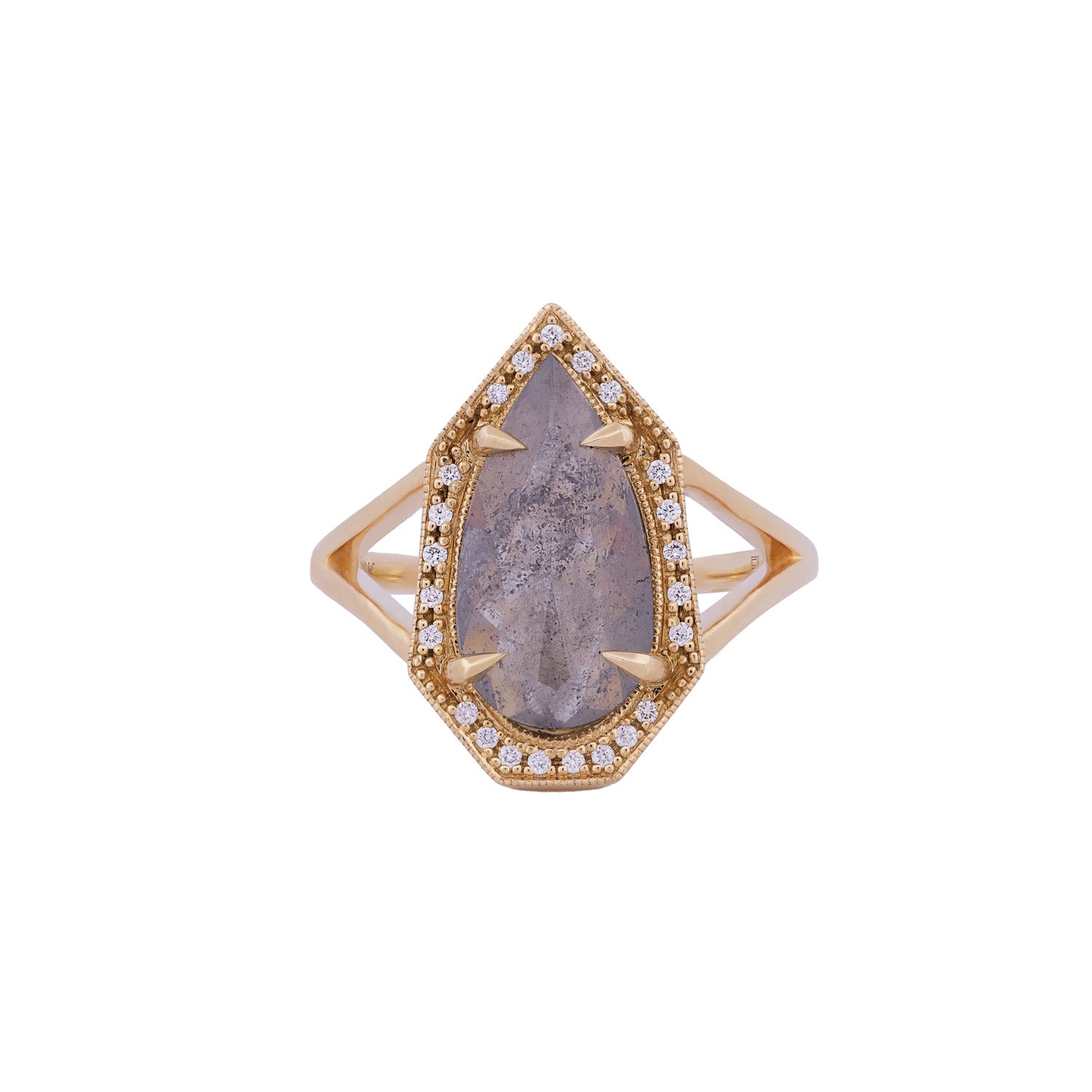 Fiat Lux Grande Phoebe Ring: 2.34ct soft grey salt & pepper diamond in 18K gold, haloed by round diamonds.