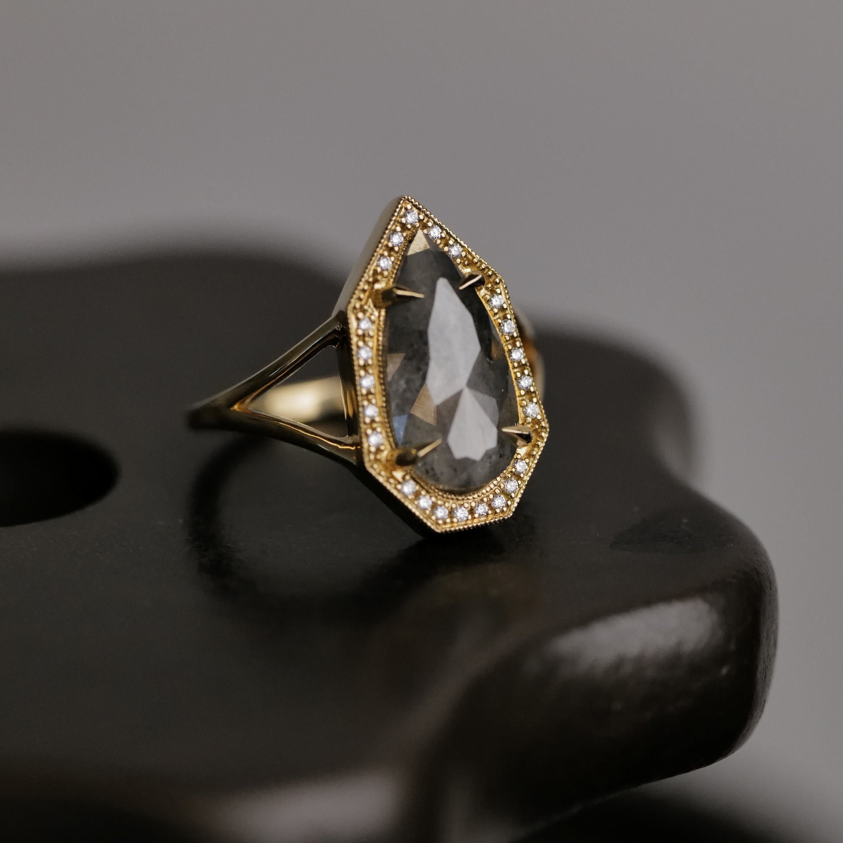 Fiat Lux Grande Phoebe Ring: 18K gold, 2.34ct soft grey salt & pepper diamond with diamond accents.