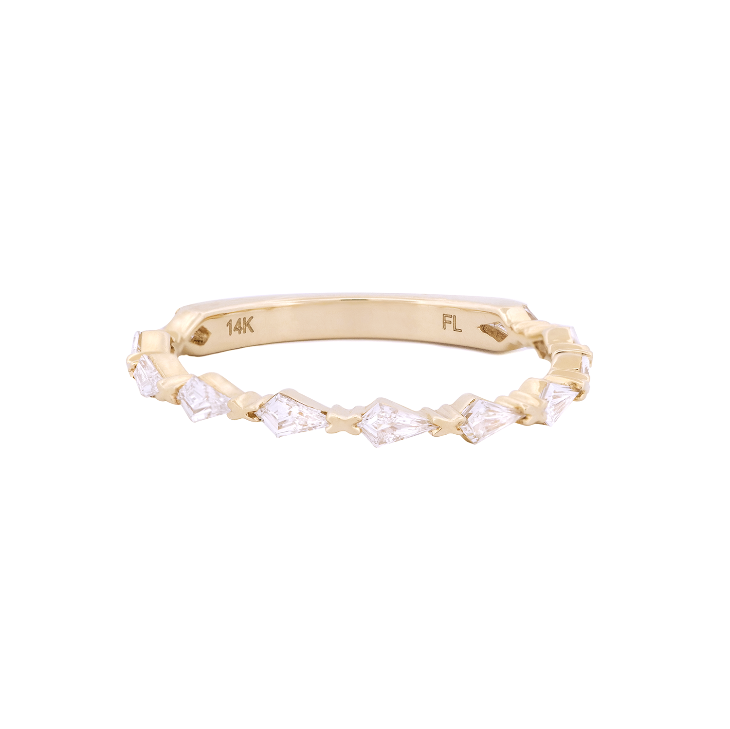 Fiat Lux Petite Infinity Kite Ring in 14K gold with geometric white diamonds, engraved 14K and FL inside.